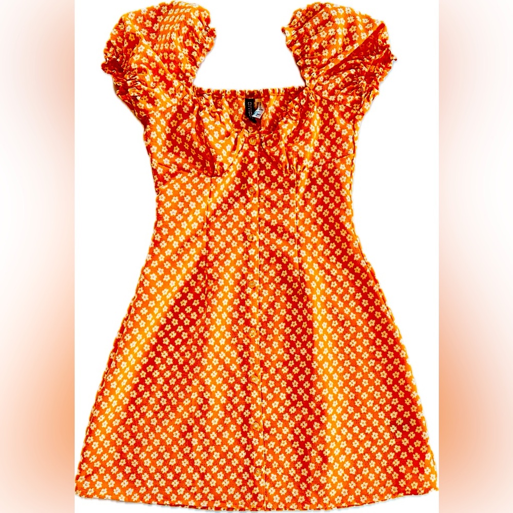 H&M Orange floral dress mini short dress, square neckline Size XS.